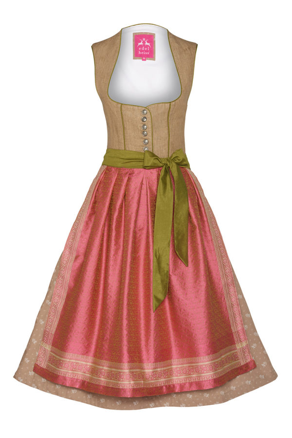 Midi Dirndl 65cm braun-beere Leinen Maira 001546 ~ 34
