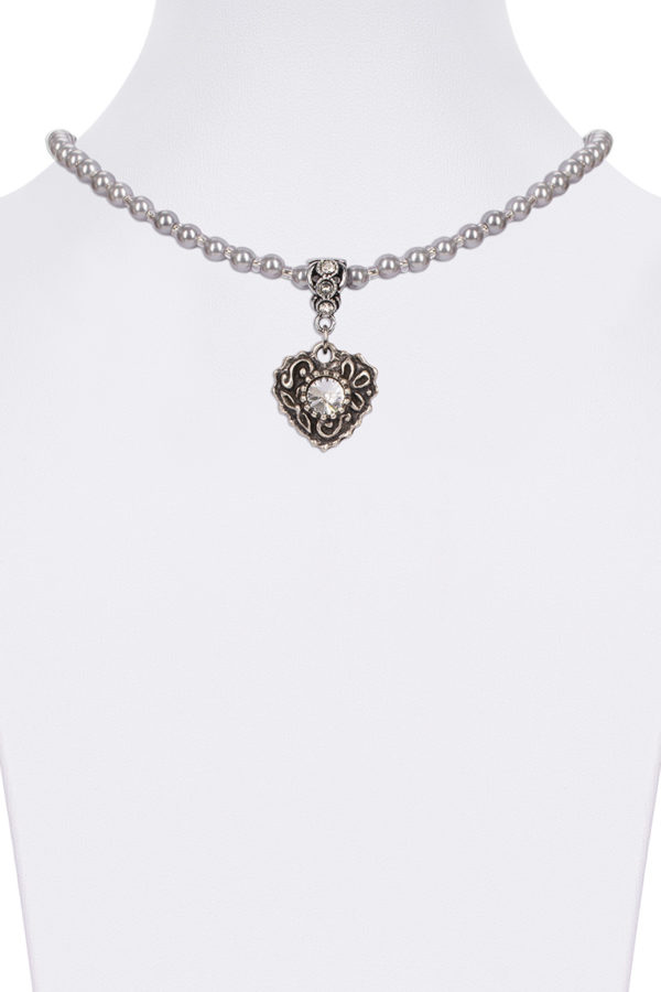 Perlencollier mit Swarovski-Herzanhänger 005695 ~ grau