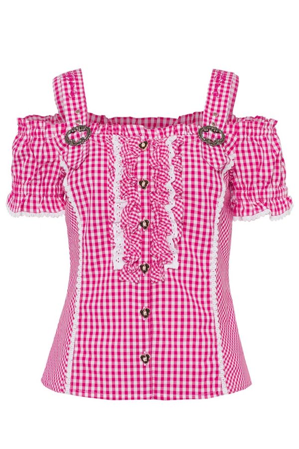 Trachtenbluse kurzarm pink kariert mit Carmenärmeln 002287 ~ 34