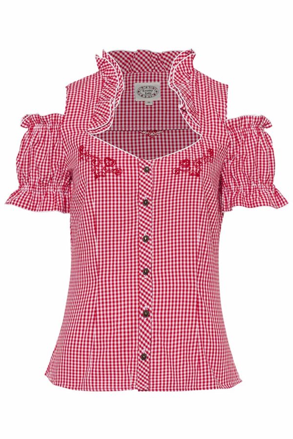 Trachtenbluse kurzarm rot kariert mit Carmenärmeln 005372 ~ 32