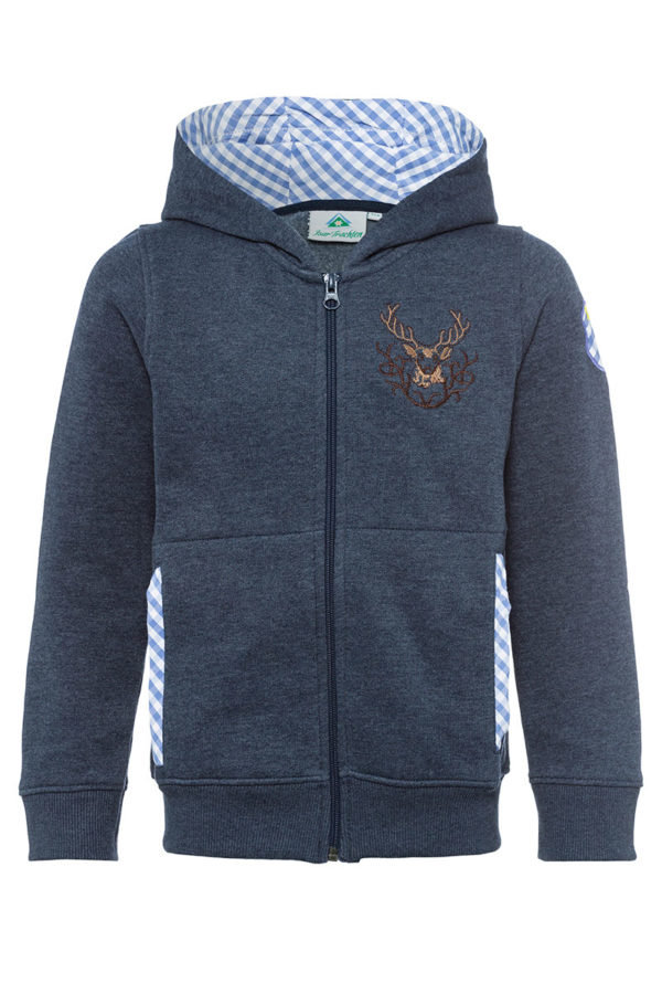 Kinder Kapuzen-Sweatjacke jeansblau mit Hirschstickerei Ruben 001579 ~ 104
