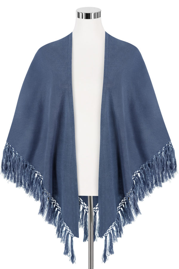 Poncho rauchblau mit Fransen 009913 ~ blau