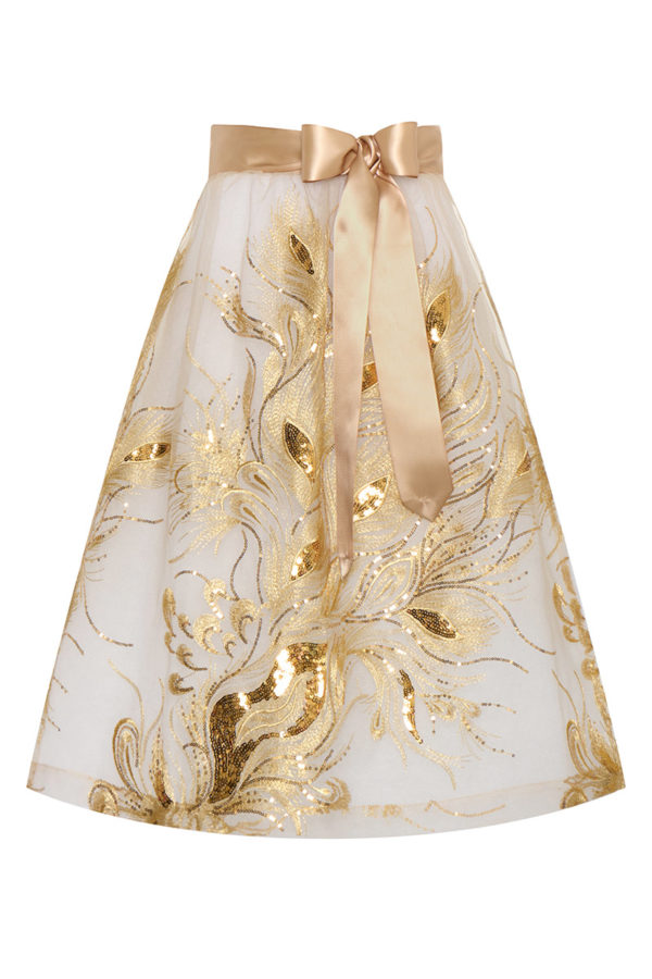 Dirndlschürze Spitze midi 70 cm gold mit Pailletten 014111 ~ L