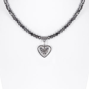 Collier verschiedenfarbig mit Glasperlen und Herzanhänger 011505 ~ anthrazit