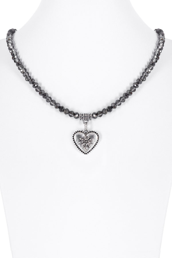 Collier verschiedenfarbig mit Glasperlen und Herzanhänger 011505 ~ anthrazit