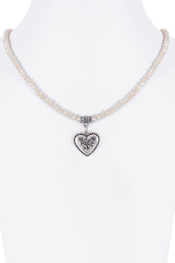 Collier verschiedenfarbig mit Glasperlen und Herzanhänger 011505 ~ creme