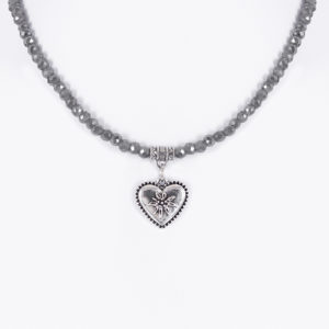 Collier verschiedenfarbig mit Glasperlen und Herzanhänger 011505 ~ grau