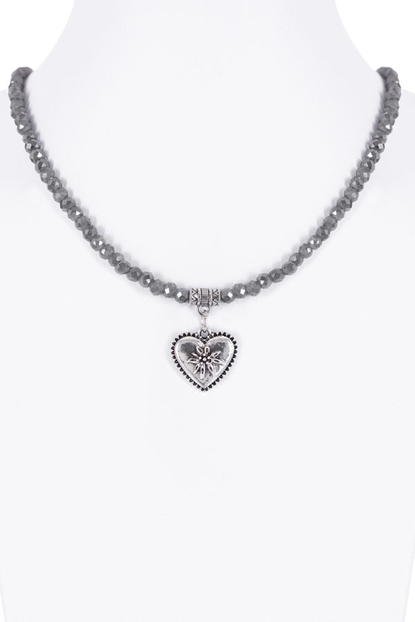Collier verschiedenfarbig mit Glasperlen und Herzanhänger 011505 ~ grau