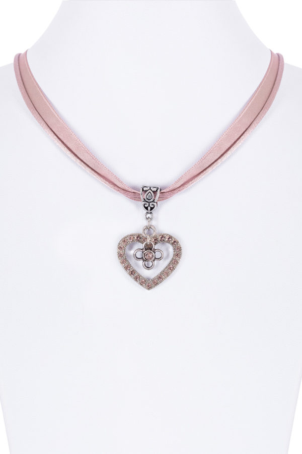 Collier verschiedenfarbig mit Herzanhänger und Satinband 005703 ~ altrosa