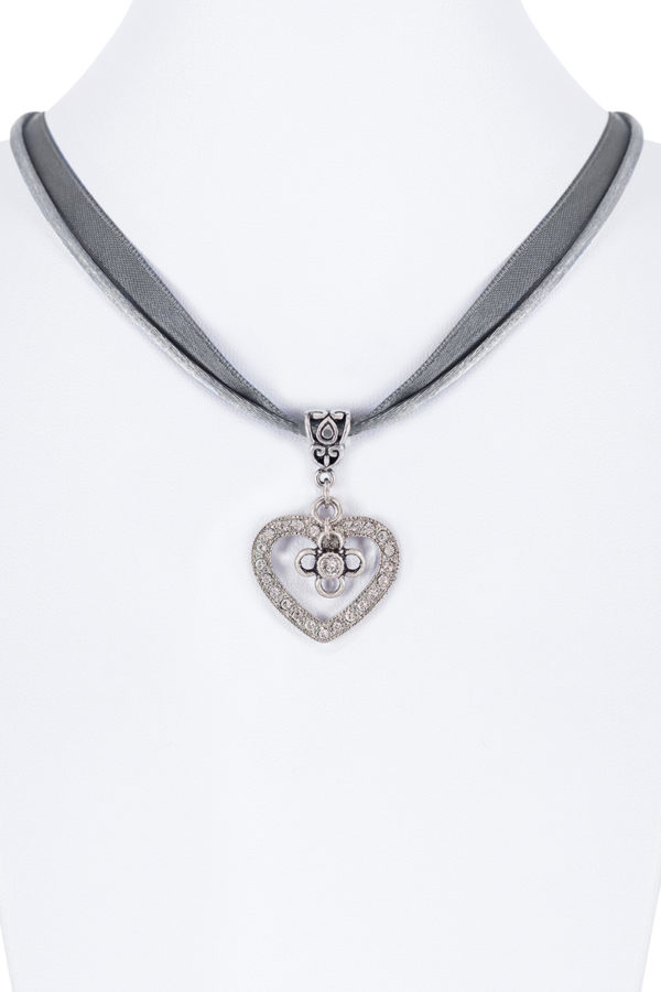 Collier verschiedenfarbig mit Herzanhänger und Satinband 005703 ~ grau