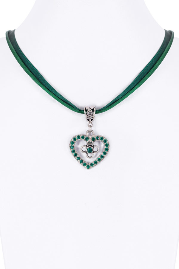 Collier verschiedenfarbig mit Herzanhänger und Satinband 005703 ~ dunkelgrün