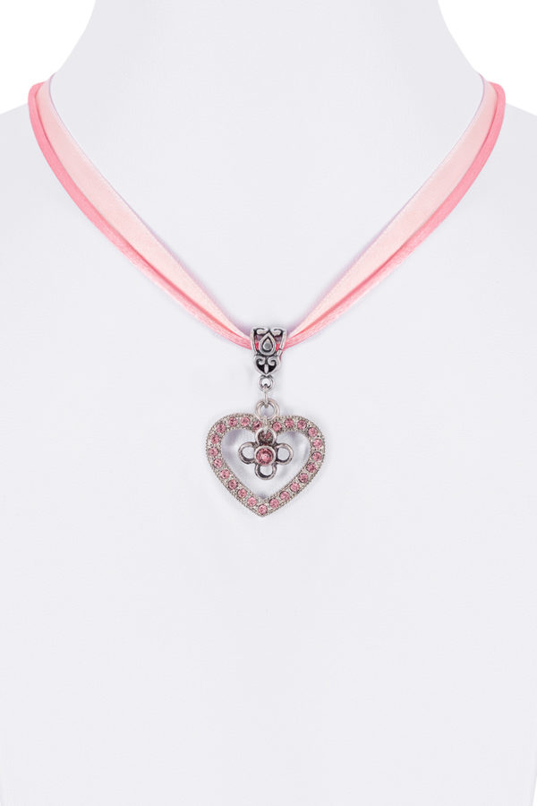 Collier verschiedenfarbig mit Herzanhänger und Satinband 005703 ~ rosa