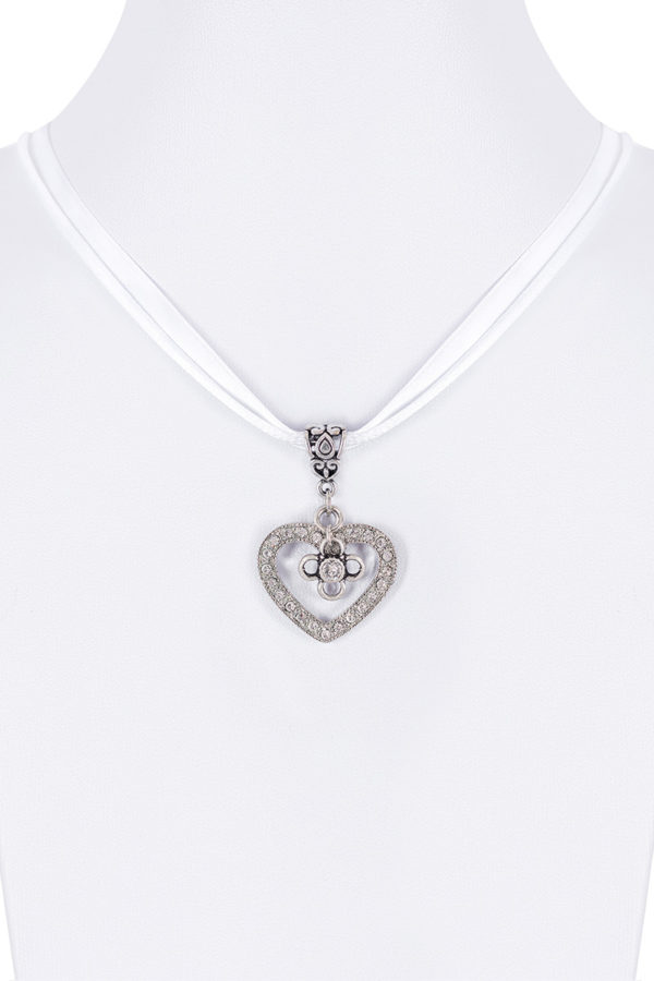 Collier verschiedenfarbig mit Herzanhänger und Satinband 005703 ~ weiß