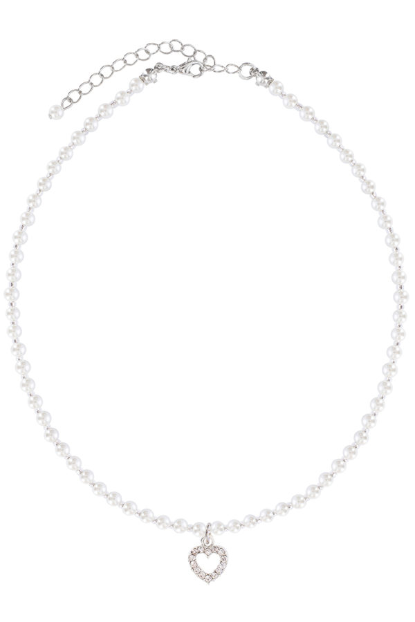 Kinder Perlencollier mit Strass-Herz 003975 ~ weiß