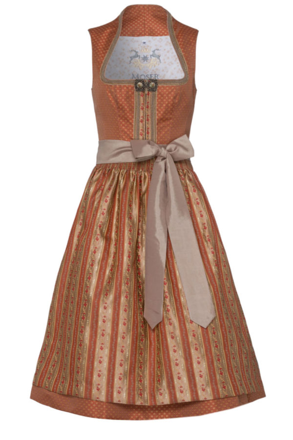 Midi Dirndl 70cm apricot geblümt taupe gestreift 003250 ~ 32