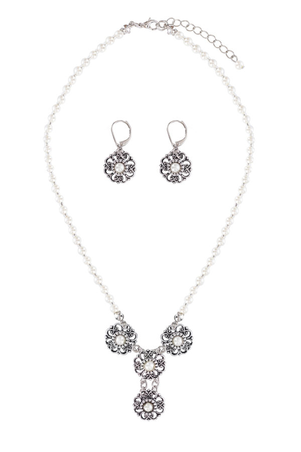 Schmuckset Perlencollier & Ohrhänger creme silber 011355