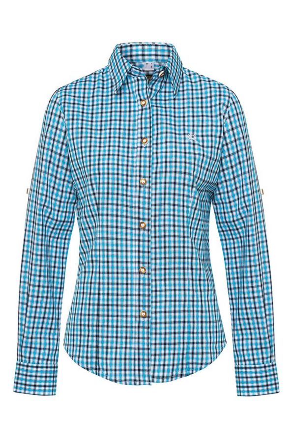 Trachtenbluse langarm türkis dunkelblau karo 008544 ~ 34