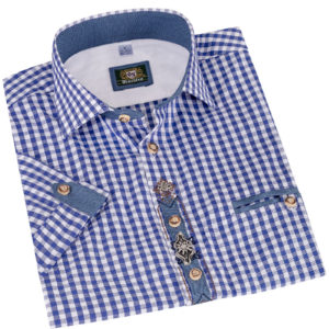 Trachtenhemd kurzarm blau kariert mit Applikationen 011957 ~ 36