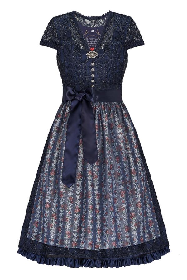 Midi Dirndl 70cm dunkelblau Satin-Spitze Britta 006278 ~ 32
