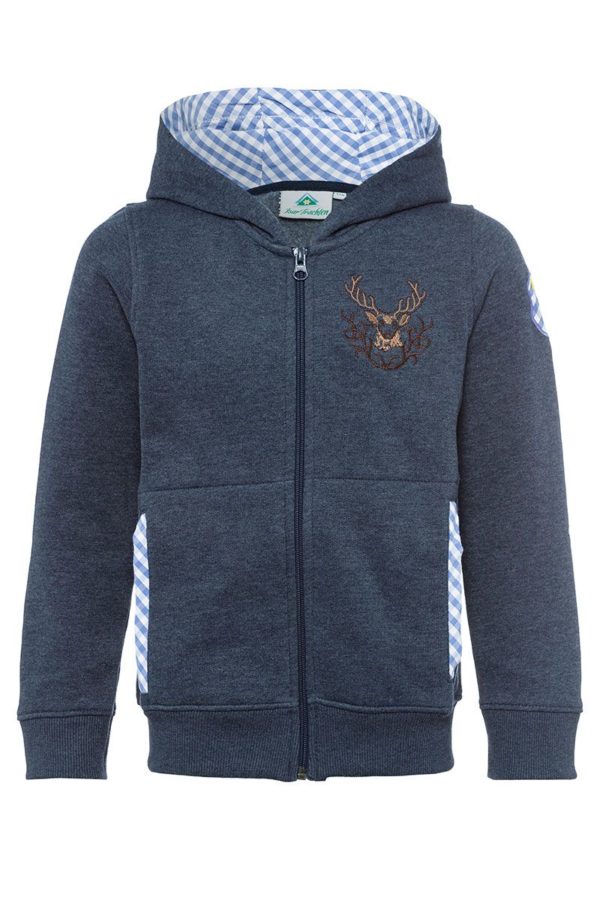 Kinder Kapuzen-Sweatjacke jeansblau mit Hirschstickerei Ruben 001579 ~ 116
