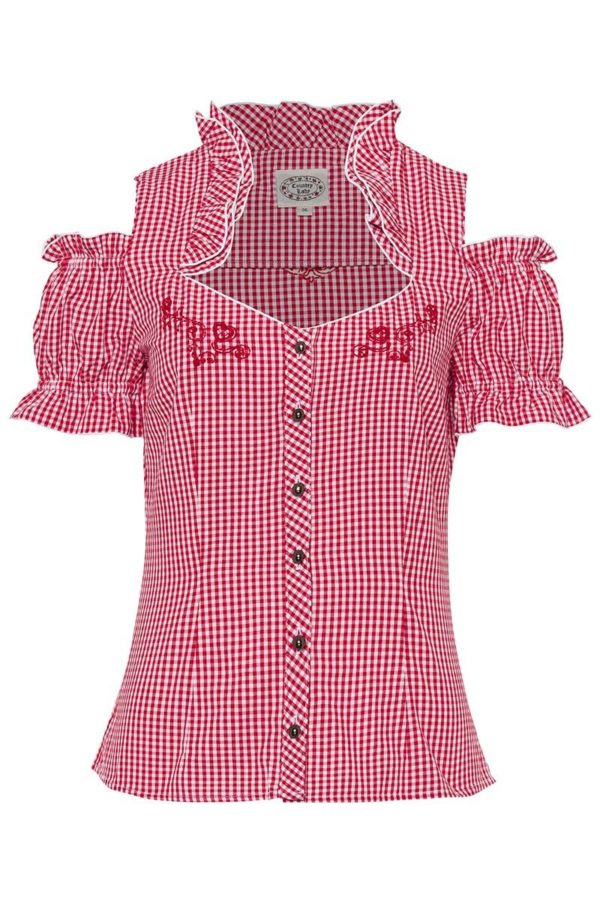 Trachtenbluse kurzarm rot kariert mit Carmenärmeln 005372 ~ 32