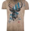 Trachtenshirt kurzarm braun mit Rauten und Hirsch Bavaria 006567 ~ M