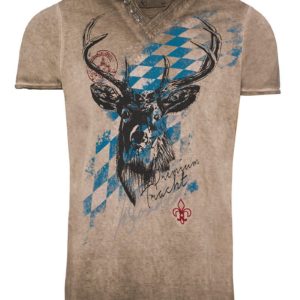 Trachtenshirt kurzarm braun mit Rauten und Hirsch Bavaria 006567 ~ M