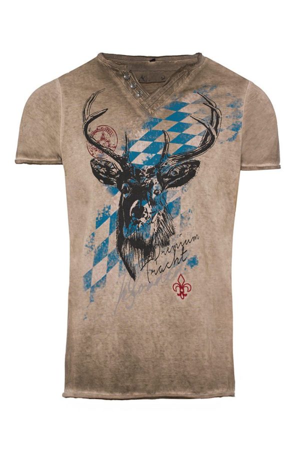 Trachtenshirt kurzarm braun mit Rauten und Hirsch Bavaria 006567 ~ M