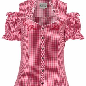 Trachtenbluse kurzarm rot kariert mit Carmenärmeln 005372 ~ 32