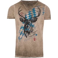 Trachtenshirt kurzarm braun mit Rauten und Hirsch Bavaria 006567 ~ L