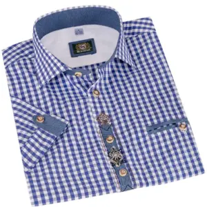 Trachtenhemd kurzarm blau kariert mit Applikationen 011957 ~ 36