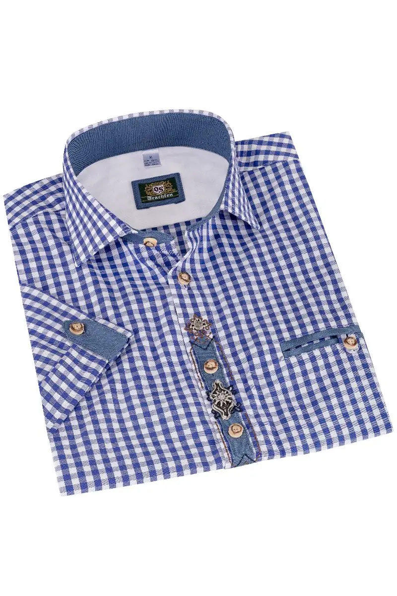 Trachtenhemd kurzarm blau kariert mit Applikationen 011957 ~ 36