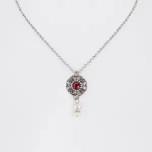 Collier mit Strassblüte und Perlen ~ dunkelrot