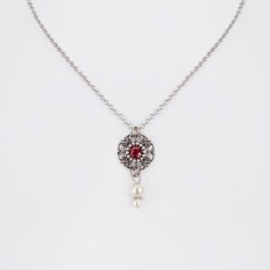 Collier mit Strassblüte und Perlen ~ dunkelrot