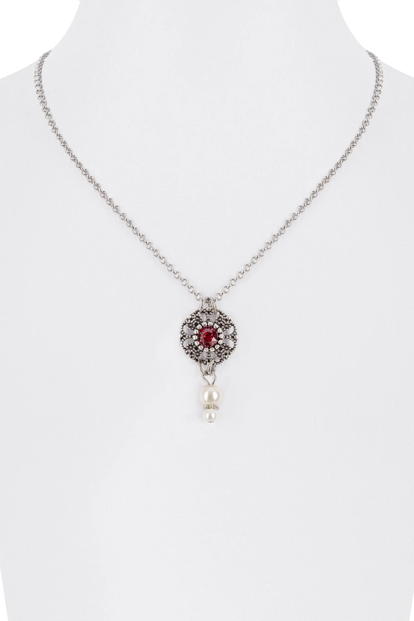Collier mit Strassblüte und Perlen ~ dunkelrot