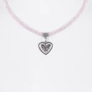 Collier verschiedenfarbig mit Glasperlen und Herzanhänger 011505 ~ altrosa