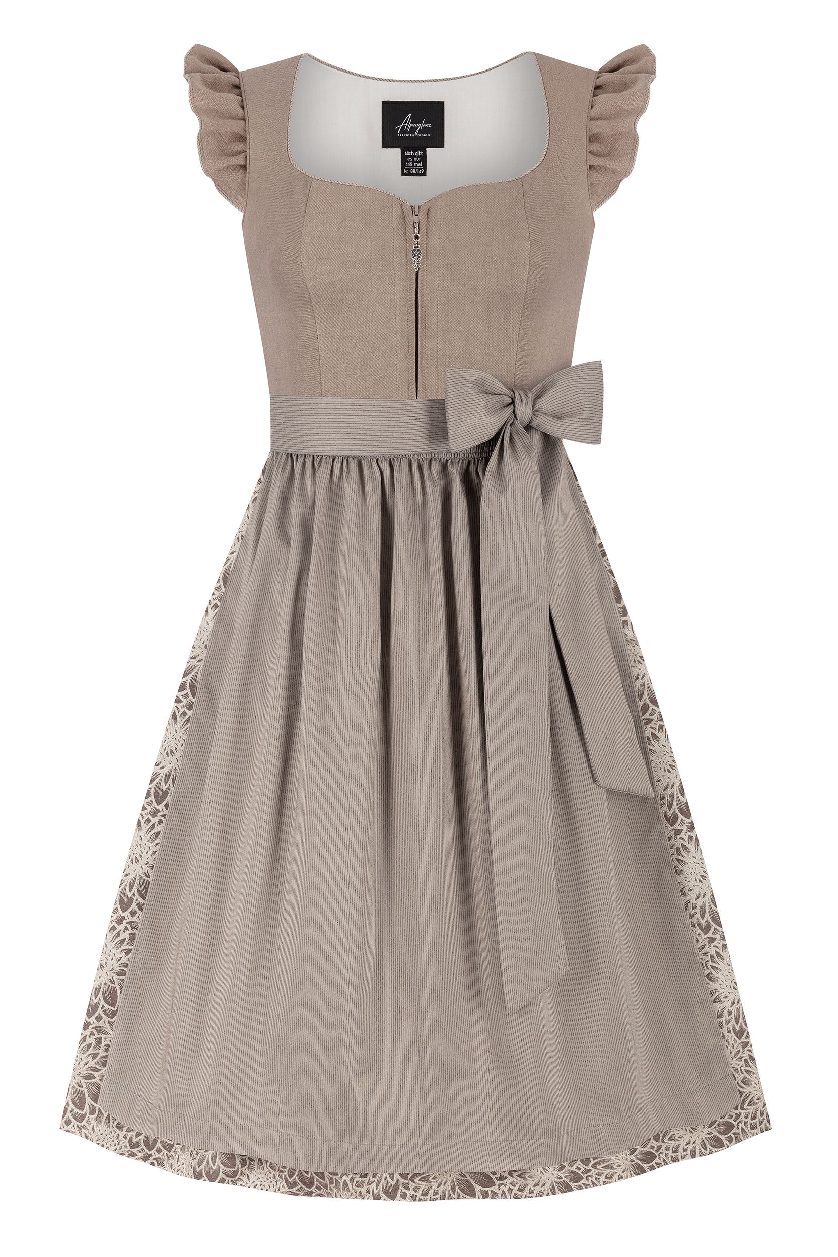 Dirndl JANA (70 cm) mit Leinen-Mieder ~ 32 ~ taupe