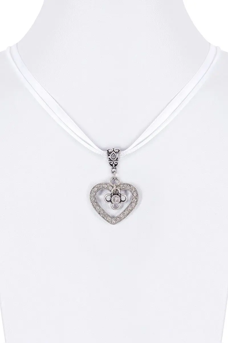 Collier verschiedenfarbig mit Herzanhänger und Satinband 005703 ~ weiß