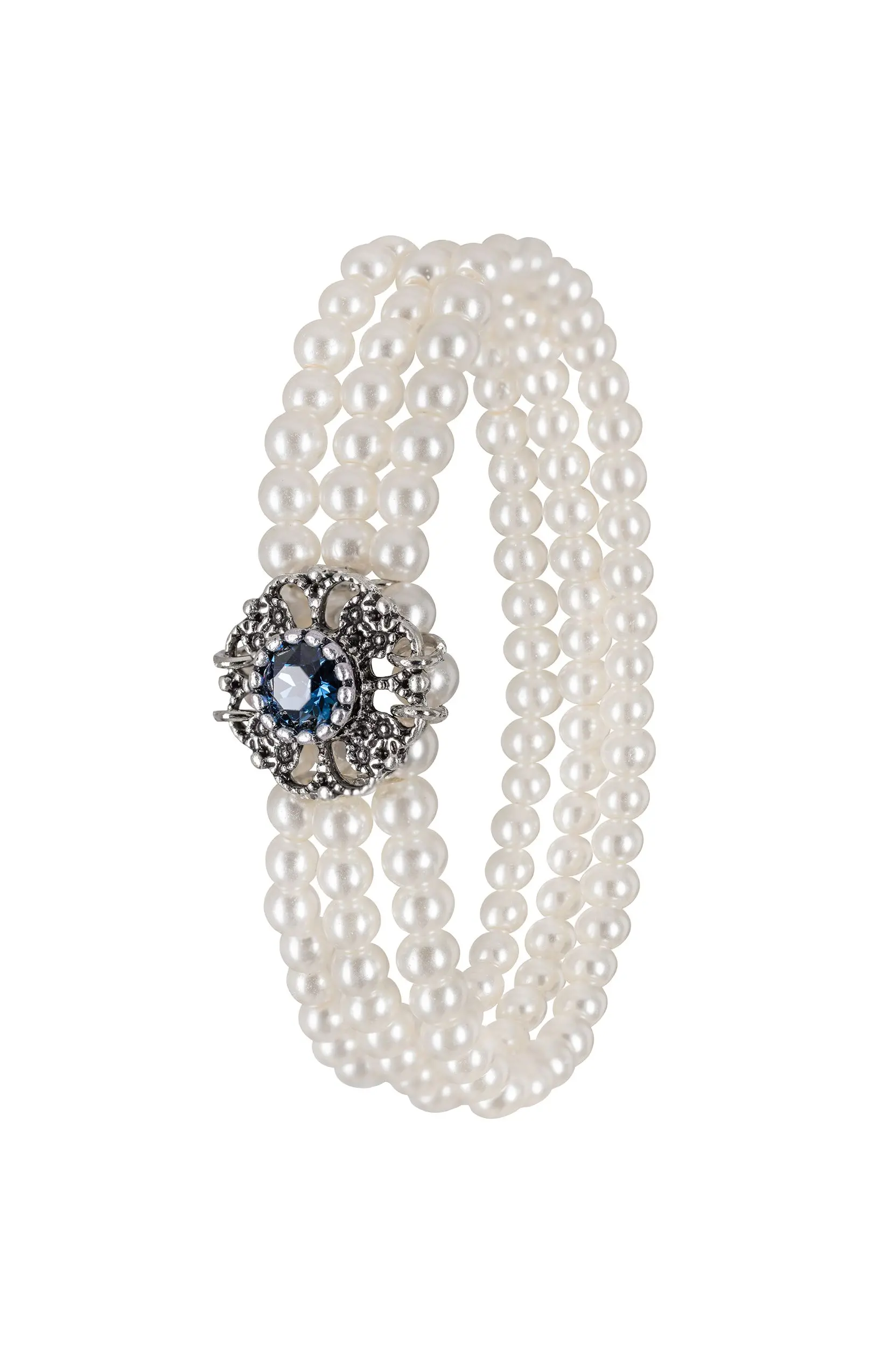 Perlenarmband mit Strassblüte ~ dunkelblau