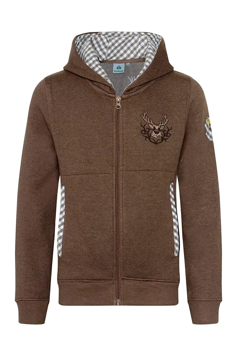 Kinder Kapuzen-Sweatjacke braun mit Hirschstickerei Ben 013487 ~ 86