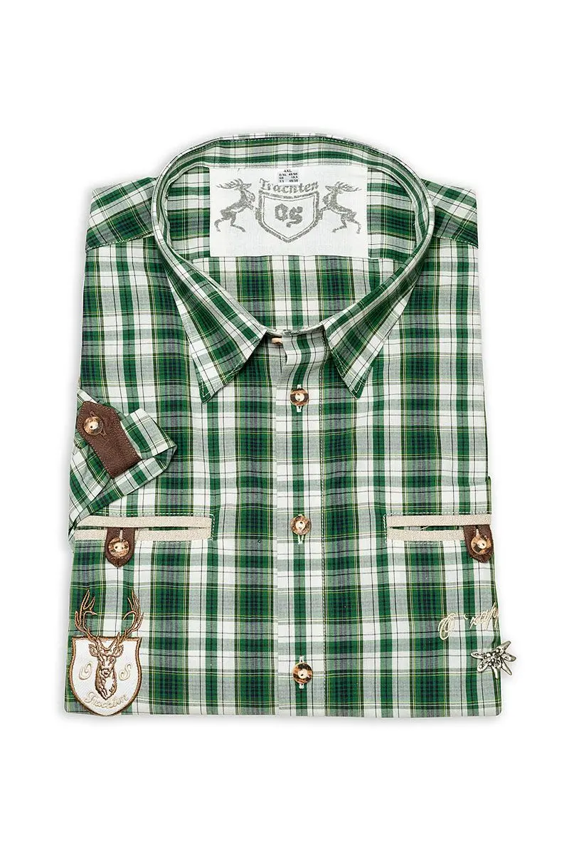 Trachtenhemd kurzarm grün kariert mit Stickerei Gregor 111960 ~ XL (43/44)