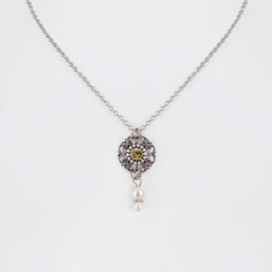 Collier mit Strassblüte und Perlen ~ oliv