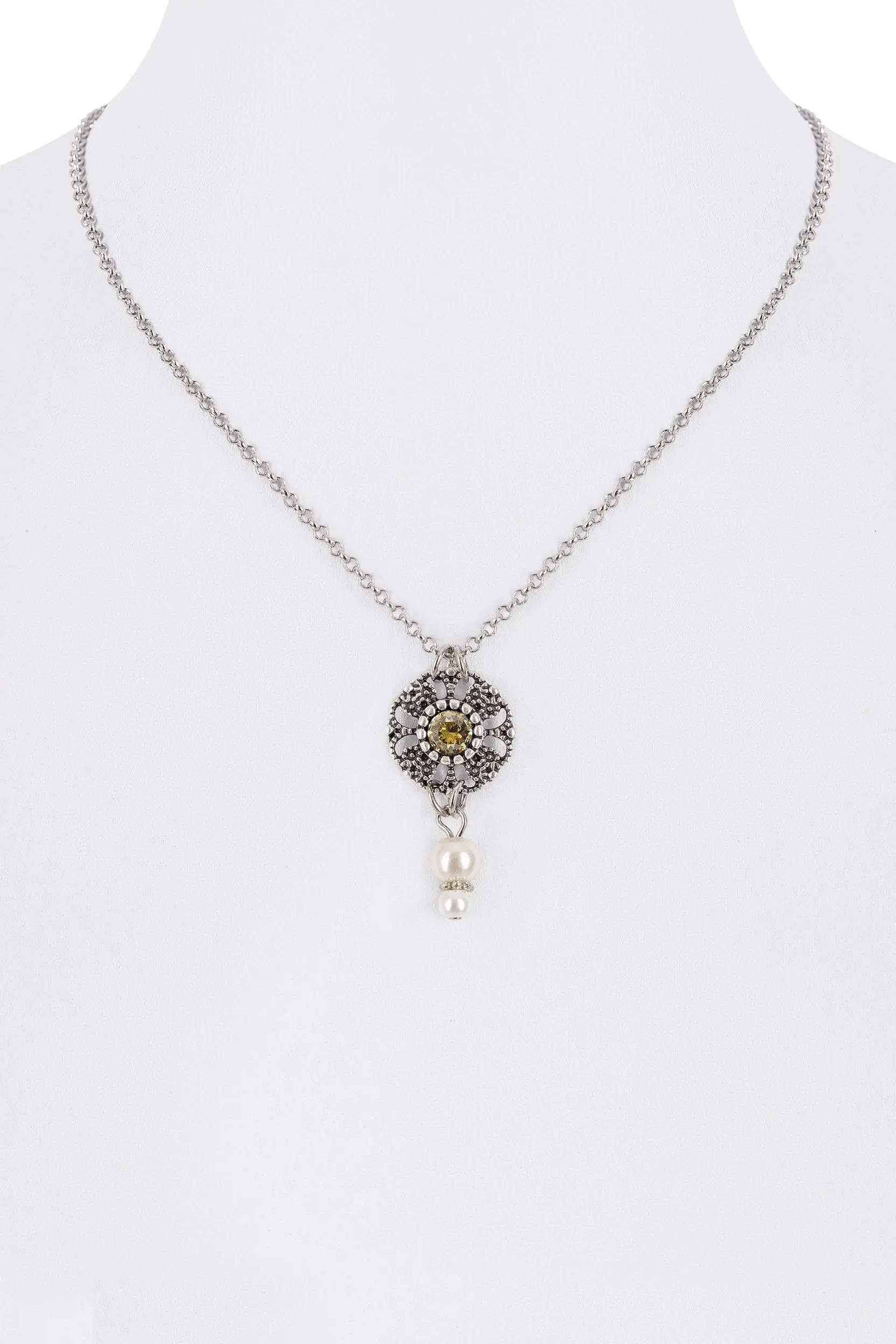 Collier mit Strassblüte und Perlen ~ oliv