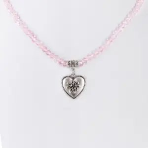 Collier verschiedenfarbig mit Glasperlen und Herzanhänger 011505 ~ rosa
