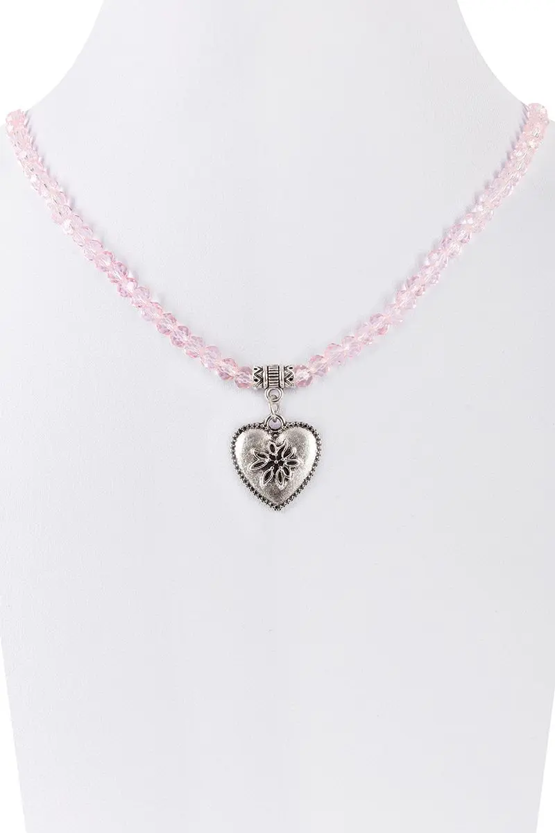 Collier verschiedenfarbig mit Glasperlen und Herzanhänger 011505 ~ rosa