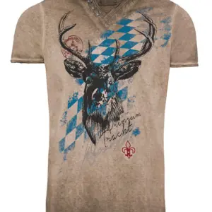 Trachtenshirt kurzarm braun mit Rauten und Hirsch Bavaria 006567 ~ M