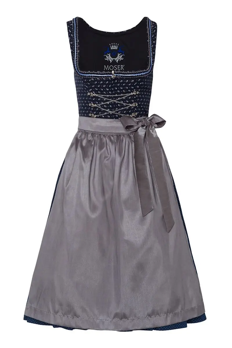 Dirndl lang 80 cm dunkelblau gemustert silber Anneliese 003667 ~ 38