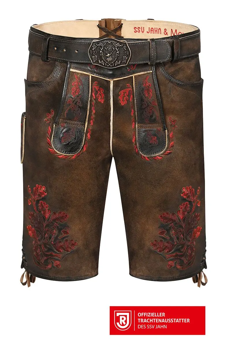 Lederhose kurz mit Gürtel braun rot bestickt SSV Jahn Regensburg 009809 ~ 94