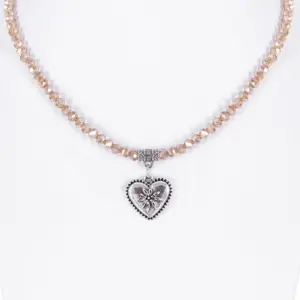 Collier verschiedenfarbig mit Glasperlen und Herzanhänger 011505 ~ taupe