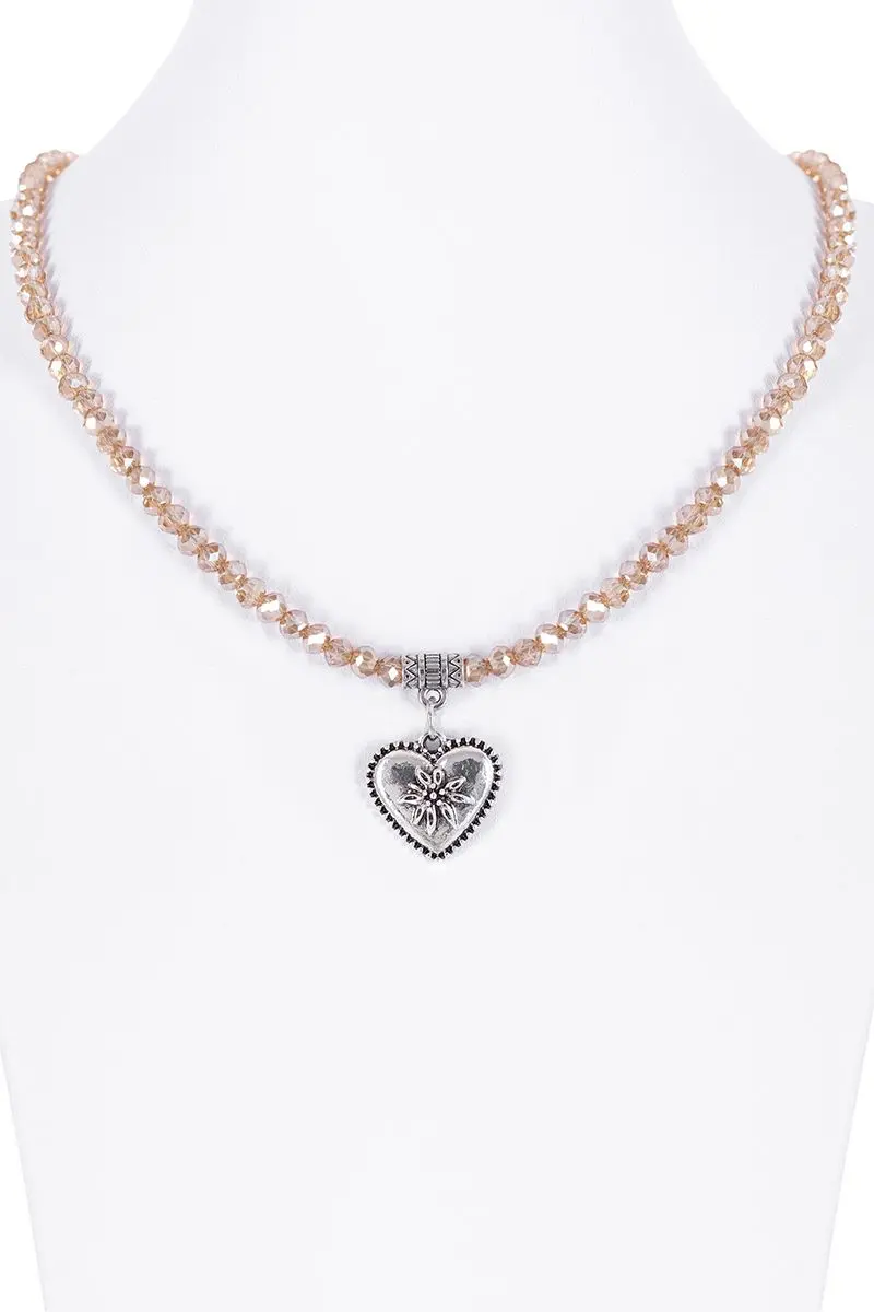 Collier verschiedenfarbig mit Glasperlen und Herzanhänger 011505 ~ taupe